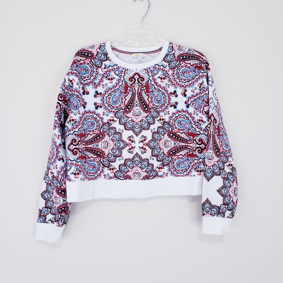 Boden Tops - BODEN Sweatshirt Paisley Print Red White Blue Large Pullover Crew Crop Sweater